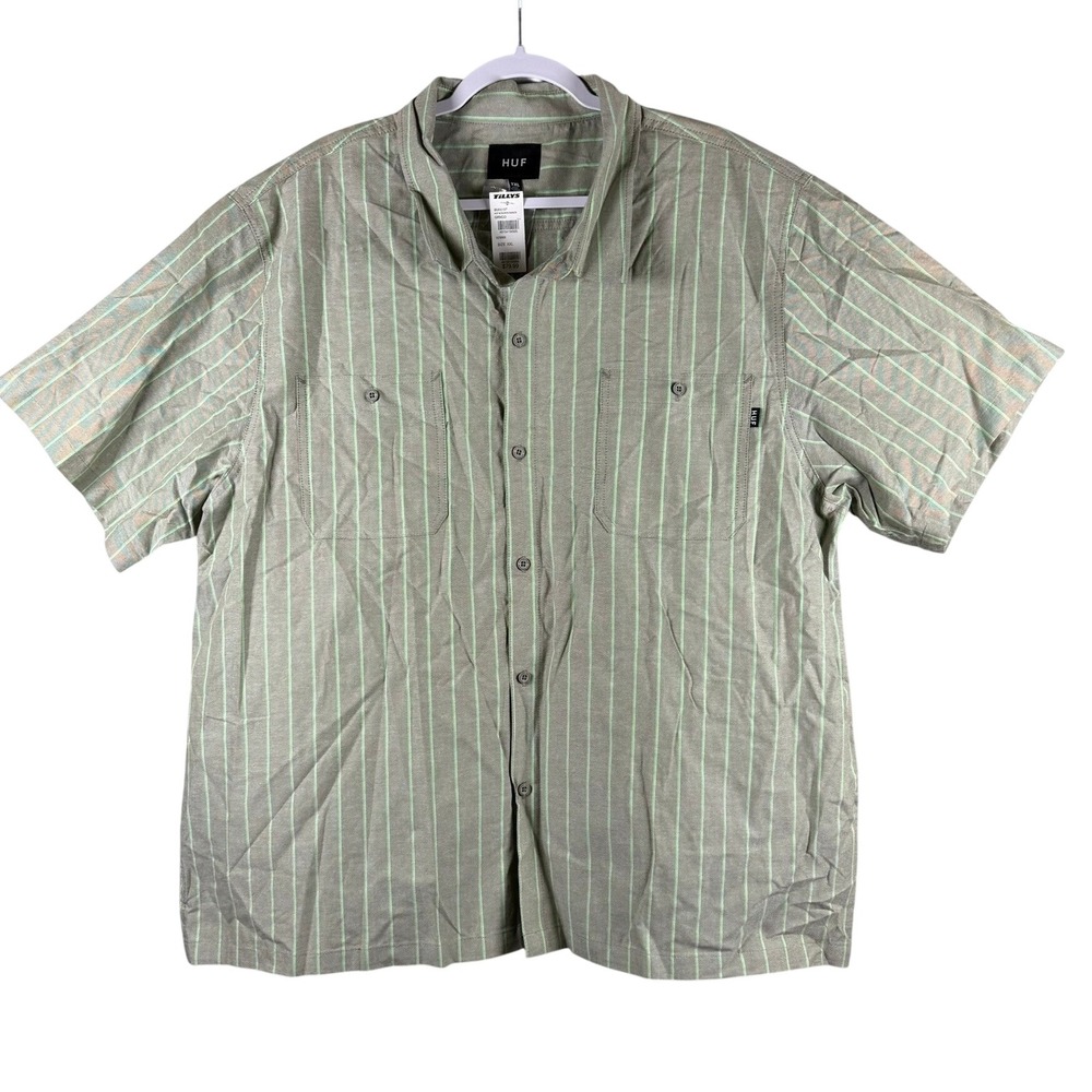 HUF Mens XXL Parker Short Sleeve Button Down Shirt Green Striped Graffiti Logo